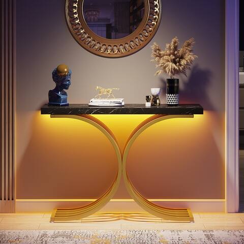 43" Modern Console Table with Gold Base, Geometric Entryway Sofa Table for Living Room Faux Marble, Gold