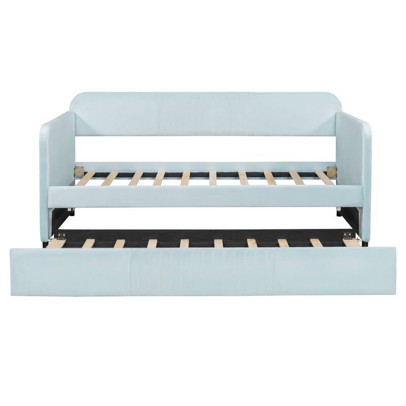 Light Blue Velvet Upholstered Twin Daybed with Trundle and Wood Slats