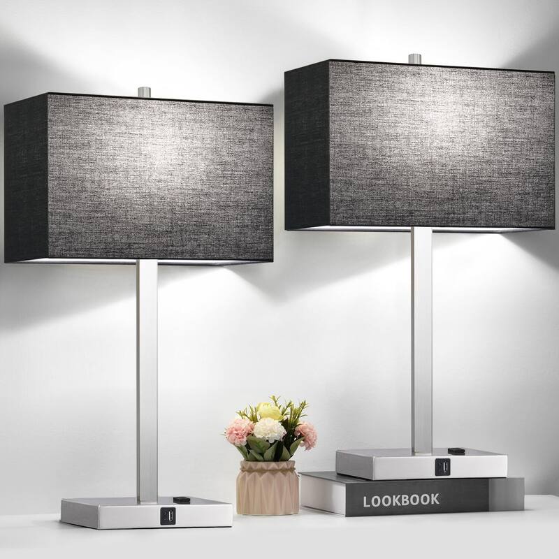 Upgraded, Set of 2 Bedside Touch Control Table Lamp - 4.4"D x 7.8"W x 21"H - Black Linen& Brushed Nickel(Base)