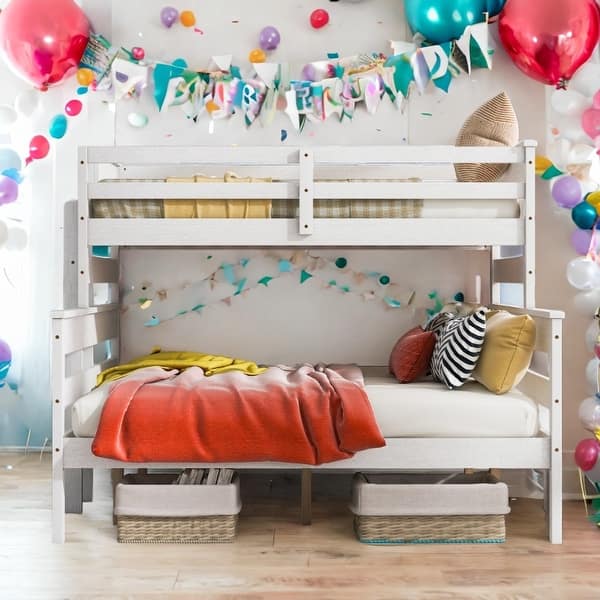 slide 2 of 17, Twin XL over Queen Wood Bunk Bed with Ladder,Multifunctional Bunk Bed聽 White