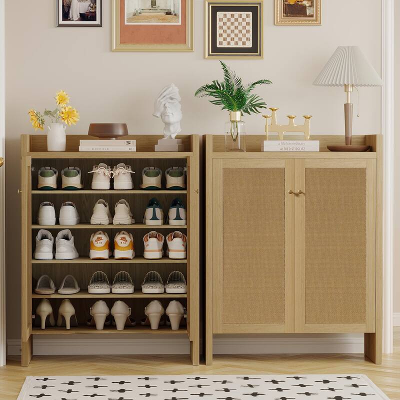 Anmytek Walnut Rattan Shoe Cabinet with Doors and 6 Tier Adjustable Shelves Wooden Entryway Shoe Organizer