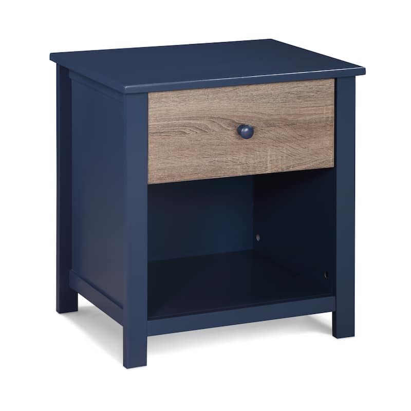 24" Tall Dark Blue Wooden Nightstand End Table with 1 Drawer and Open Shelf for Bedroom or Entryway