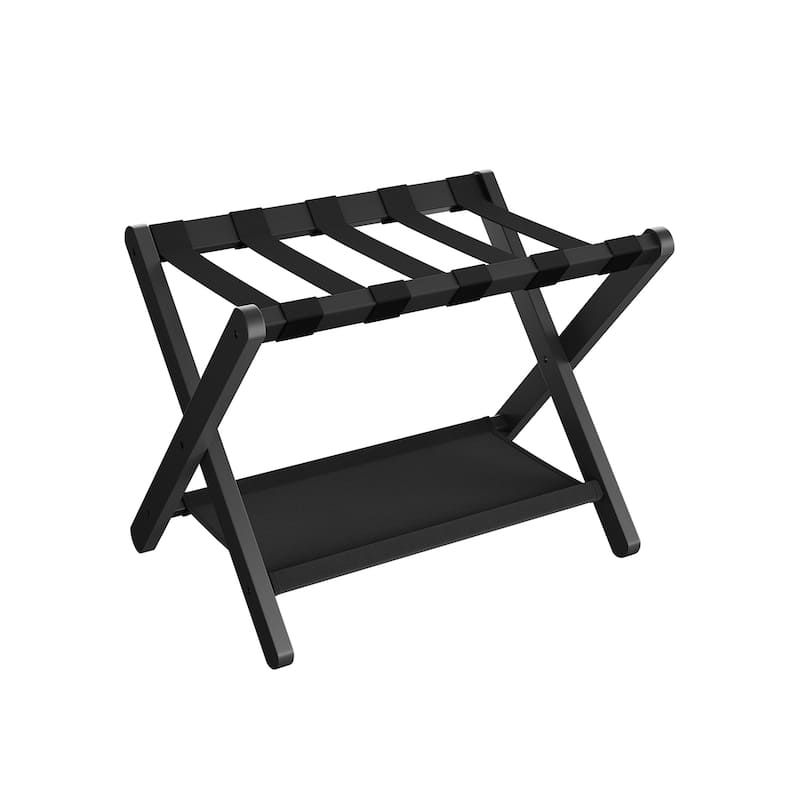 Wicker Luggage Rack with Nylon Support Straps and Storage Shelf Foldable Travel Suitcase Stand