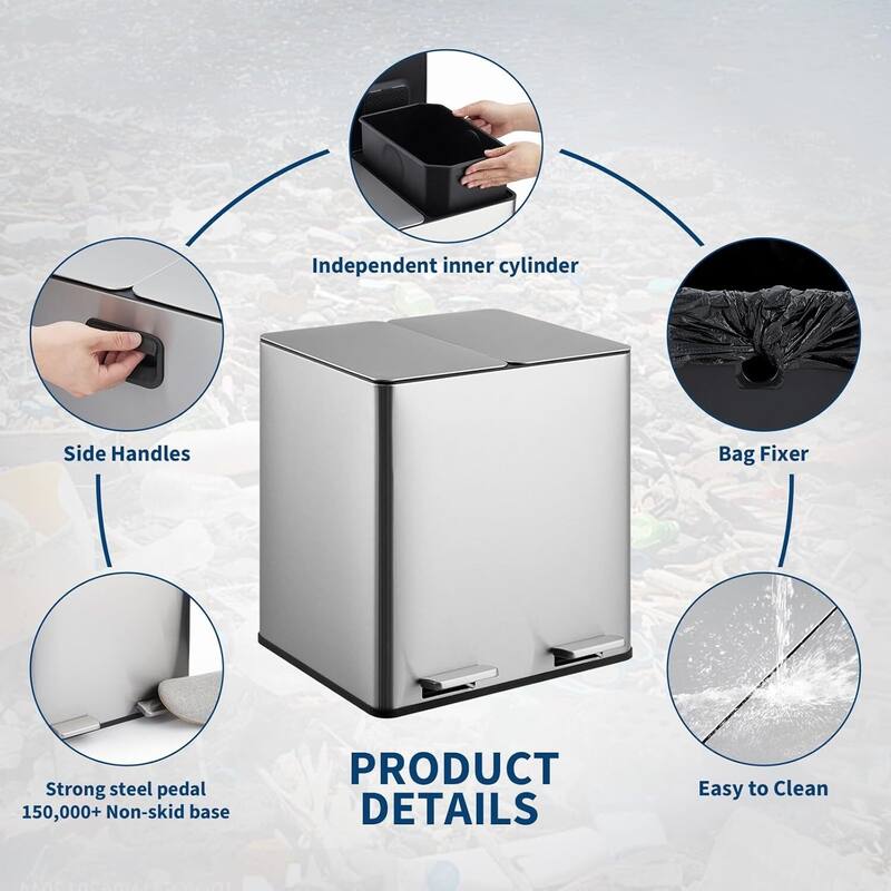 2 X 4 Gal Stainless Steel Dual Compartment Step-on Recycling Bin, Trash Can