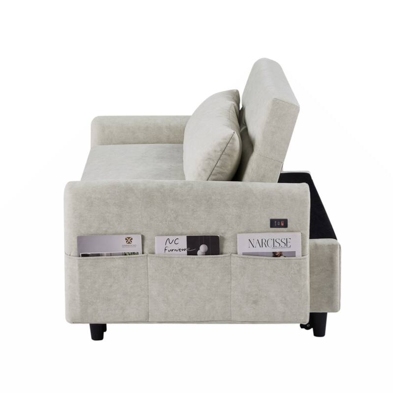 55.1" Pull Out Sleep Sofa Bed Loveseats Sofa Couch with Adjsutable Backrest,Storage Pockets,2 Soft Pillows,USB Ports,Beige