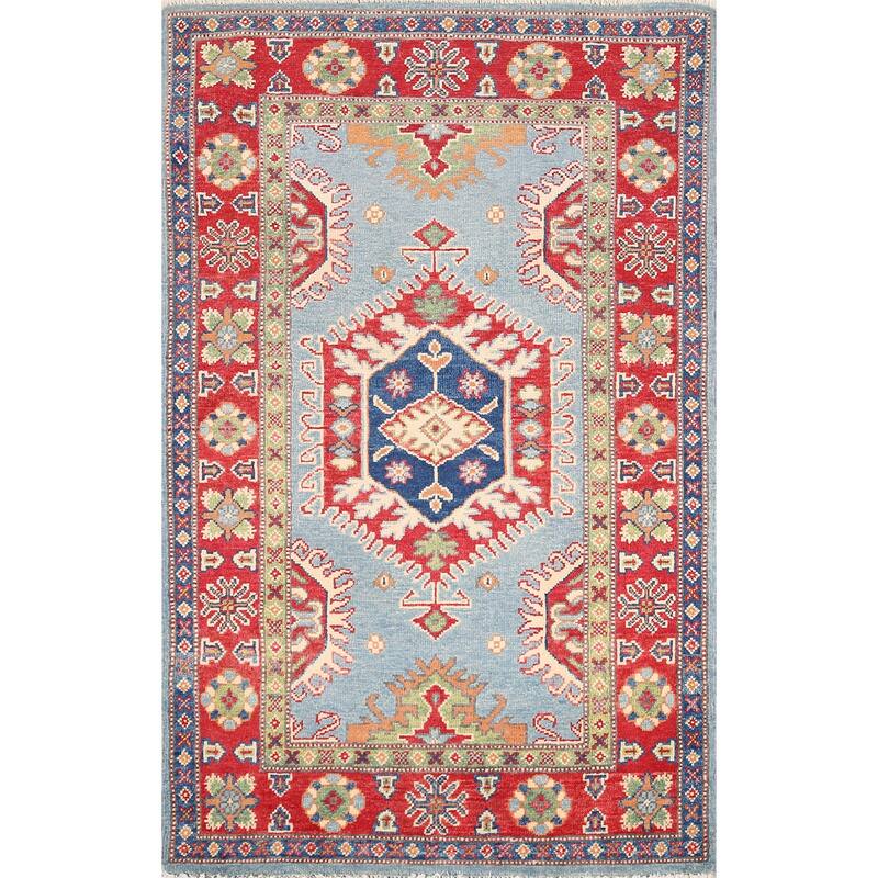 Light Blue Geometric Kazak Rug Entryway Hand-Knotted Wool Carpet - 3'1" x 4'11"