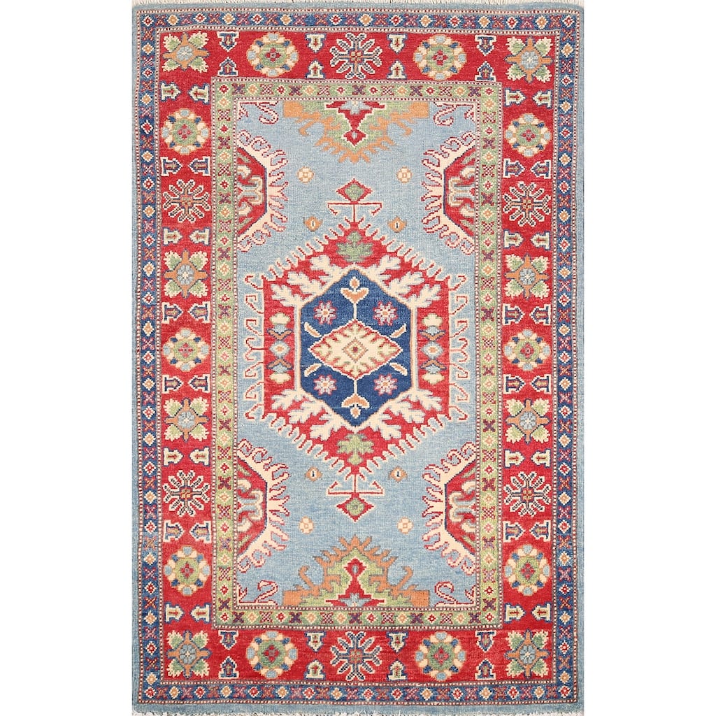 Light Blue Geometric Kazak Rug Entryway Hand-Knotted Wool Carpet - 3'1" x 4'11"