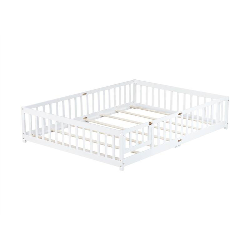 Twin/Full/Queen Size Floor Bed with Fence Guardrails and Door, Rubber Wood Toddler Bed Montessori Bed with Slats Support
