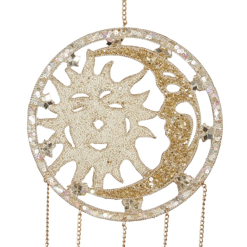 Metal Handmade Embellished Moon and Sun Indoor Outdoor Windchime with Glass Beads and Bells - Silver - Roche River Decor