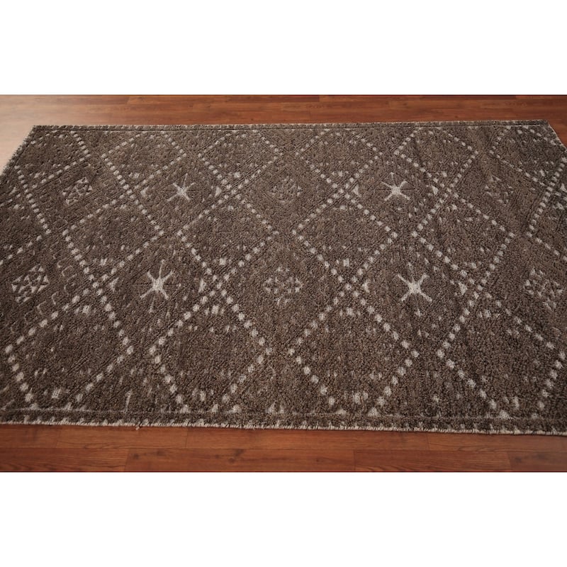 Brown Geometric Moroccan Oriental Area Rug Handmade Wool Carpet - 5'0" x 8'2"