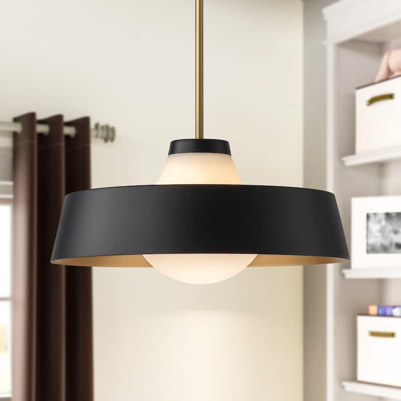 1-Light Modern Brushed Gold Dome Frosted Opal Glass Globe Bubble Pendant Light For Kitchen Island - Black