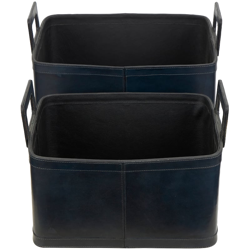 Sleek Leather Modern Storage Basket with Handles (Set of 2) - Dark Blue or Brown