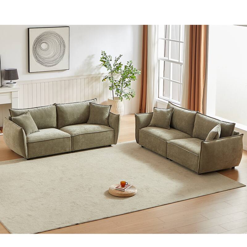 Modern 3-Seater + 3-Seater Combo Sofa, Linen Fabric Sofa with Wooden Frame and 4 Pillows for Living Room - Light Green