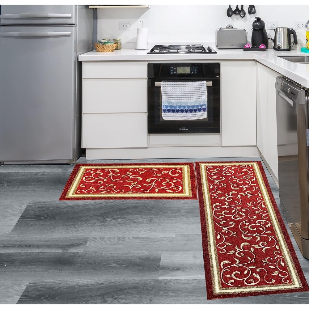 Chic Cutlery Print Red Wool-Effect Kitchen Mat and Runner Rug Set of 2