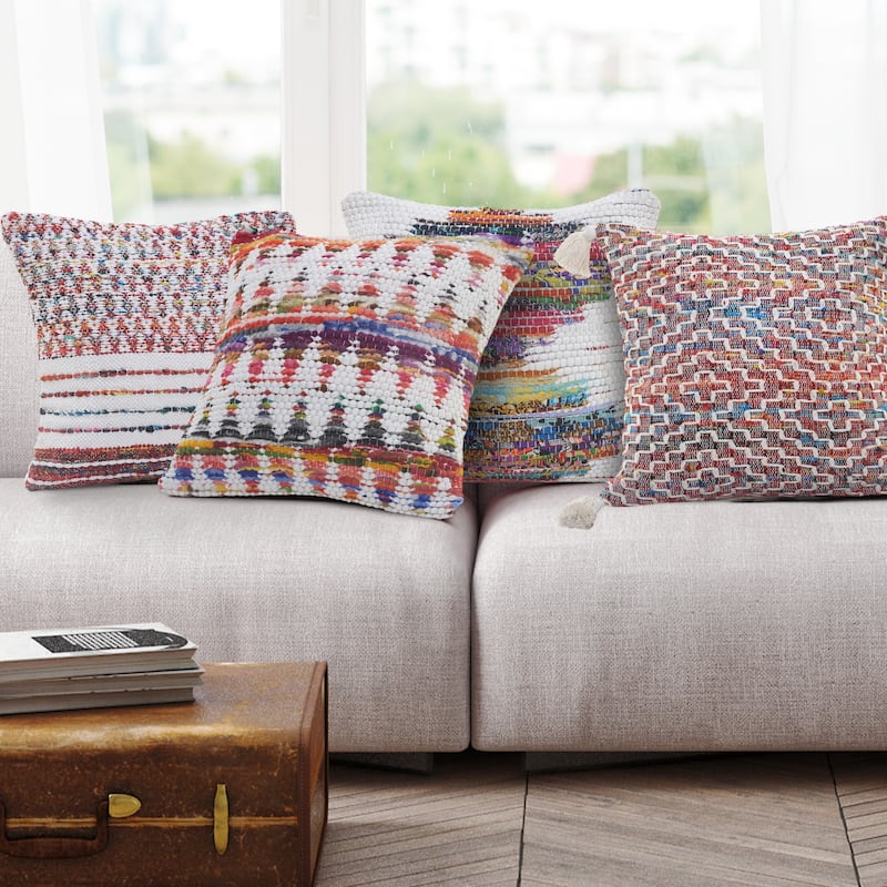 Sevita White and Multicolored Chindi Chevron Throw Pillow