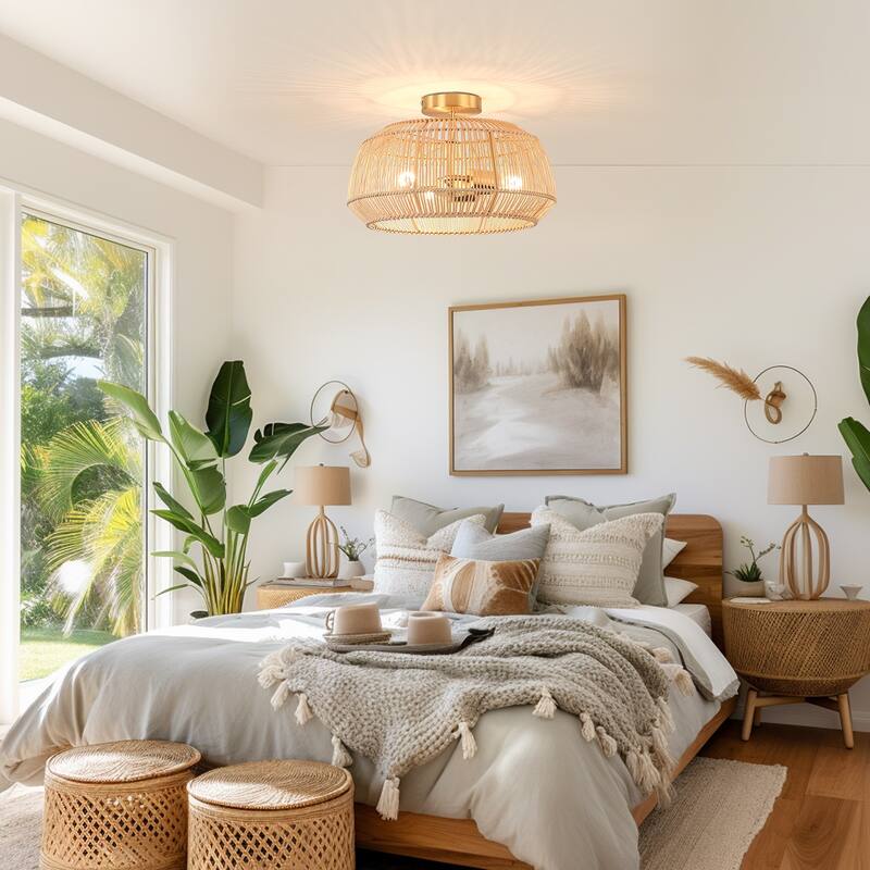 2-Light Bohemian Rattan Semi-Flush Mount Ceiling Light - Brass