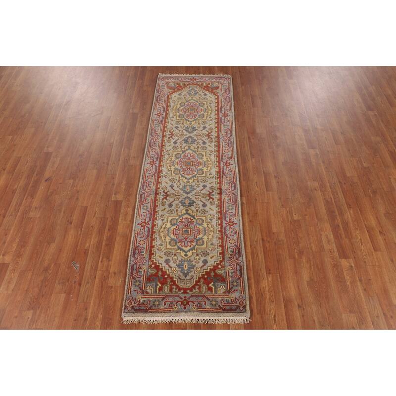 Geometric Gray Kazak Indian Runner Rug Handmade Wool Carpet - 2'6"x 7'11"