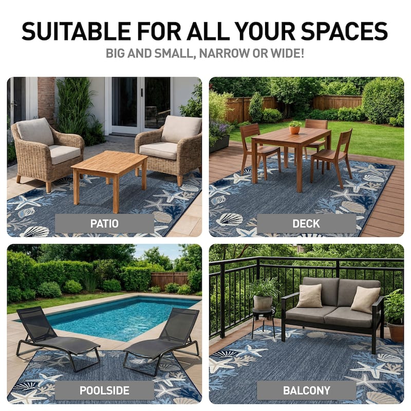 World Rug Gallery Indoor/Outdoor High-Low Textured Area Rug, Coastal Border Easy-Clean Patio Rug