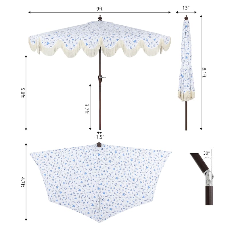 9ft Half Market Umbrella, Scalloped, Crank, Tilt, UV, by JONATHAN Y