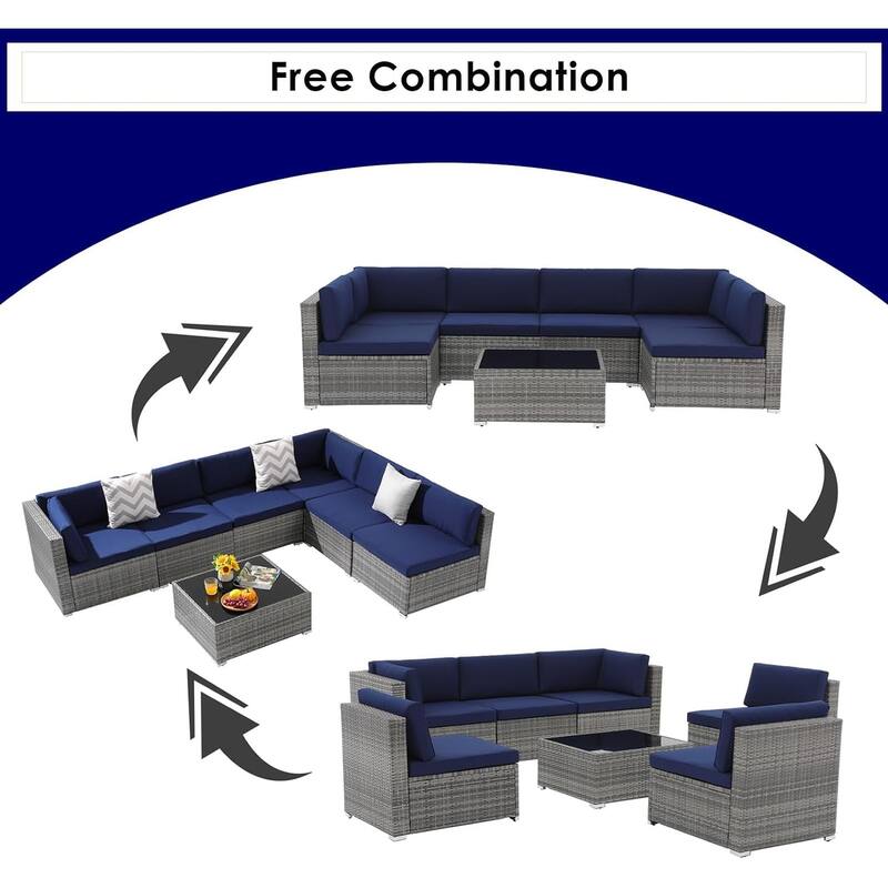 7 Pieces Patio Furniture Set, Outdoor Sectional Conversation Wicker Rattan Sofa Couch with Glass Table and Cushions, 7 PCS, Blue