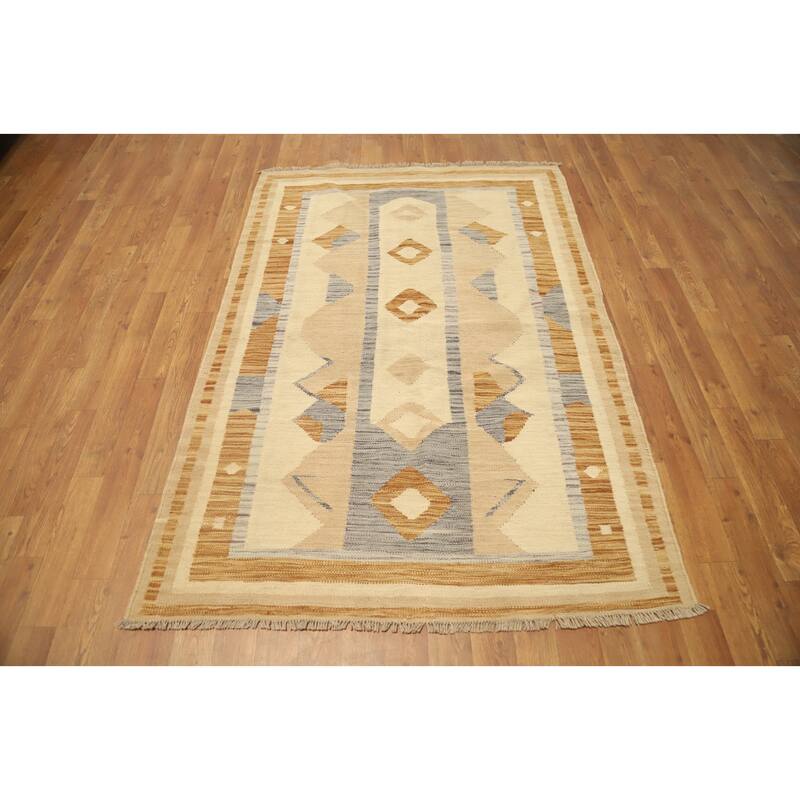 Hand Woven Oriental 100% Wool Carpet Southwestern Tribal Beige & Ivories Kilim Area Rug - 5' 6'' X 3' 8''