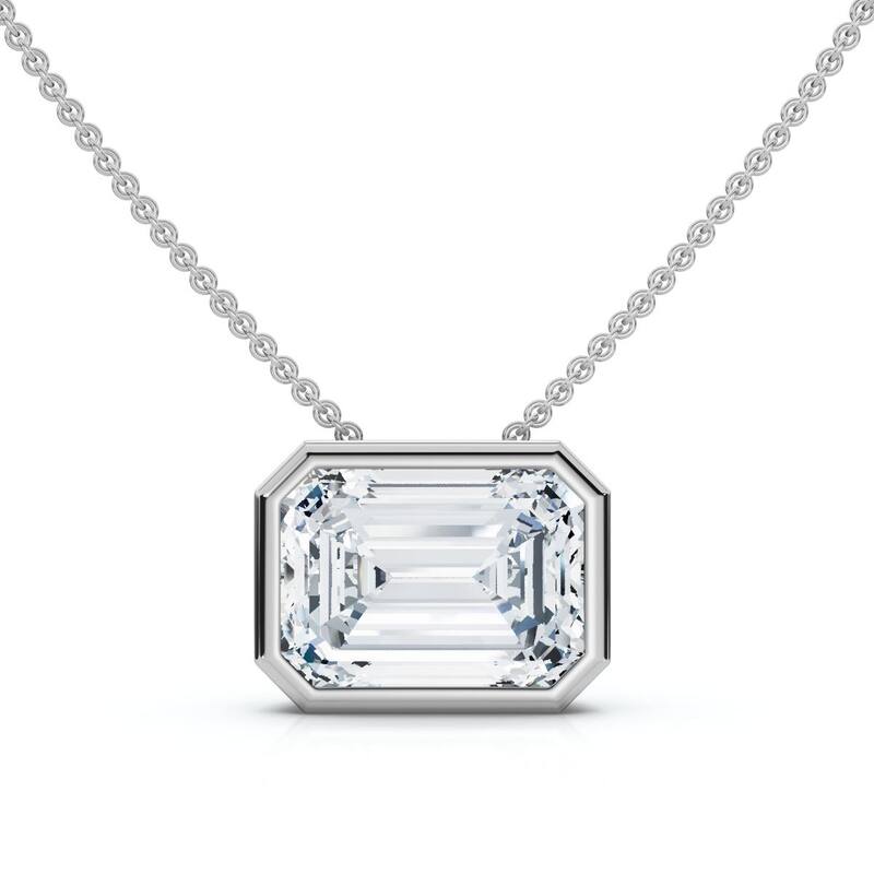 Bliss Diamond 2Ct Solitaire Bezel Emerald Diamond East West Pendant Gold Necklace Lab Grown - White