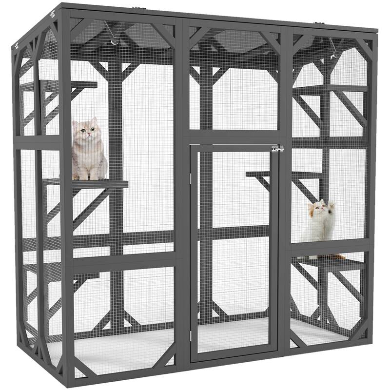 Roomfitters Large Wooden Catio Enclosure, Outdoor Cat House with 6 Platforms, Waterproof Roof, and Large Entry Door, Gray - Gray