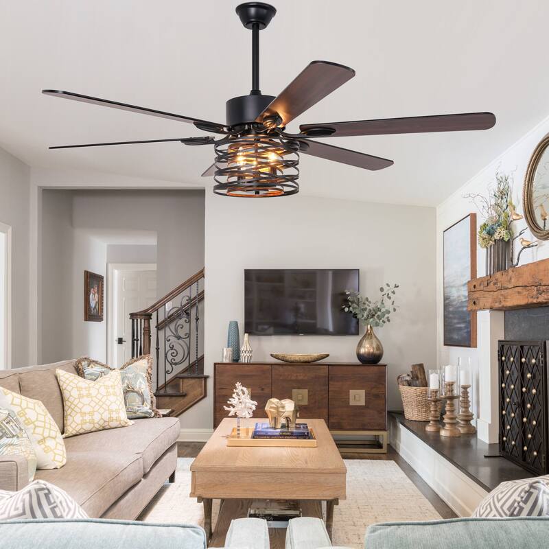 Bella Depot 65" Industrial Metal Cage Ceiling Fan with Light and Remote 6-Speed Reversible Fan