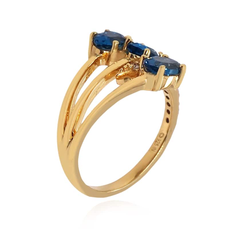 925 Sterling Silver Over yellow Gold Plated London Blue Topaz With White Zircon Gemstone Ring