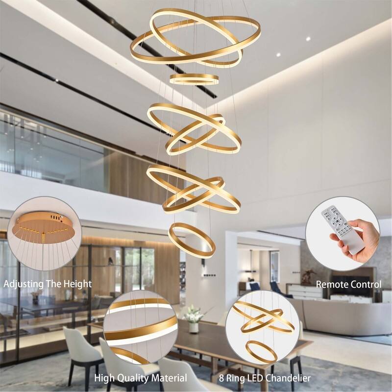 Modern 8 Ring LED Chandelier Dimmable High Ceiling Chandelier