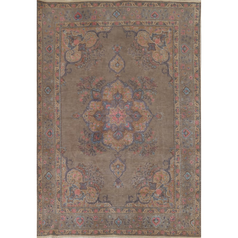 Distressed Brown Tabriz Persian Antique Rug Hand-Knotted Wool Carpet - 8'2"x 11'0"