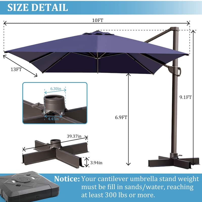 VredHom 10X13 FT Patio Outdoor Cantilever-Offset Umbrella with Base Stand
