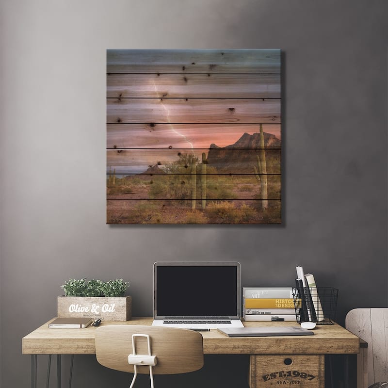 Saguaro (Carnegiea Gigantea) Cacti With Lightning Over Peak In Desert, Picacho Peak State Park Print On Wood by Tim Fitzharris