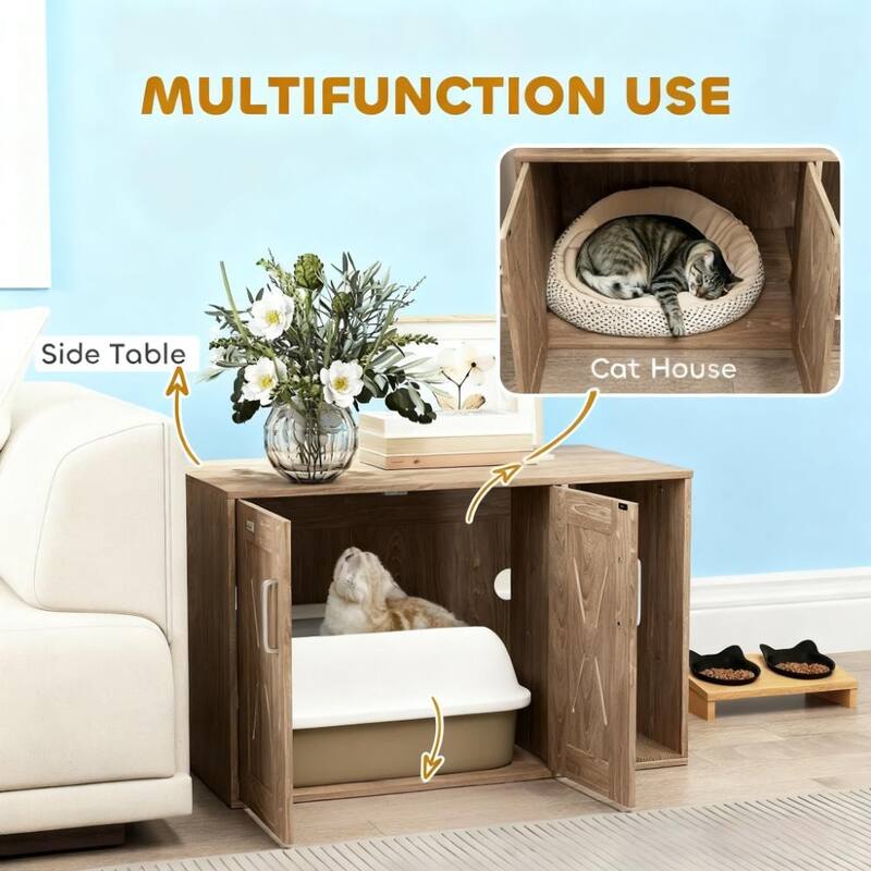 Cat Washroom End Side Table Cat Litter Box Enclosure with Scratching Board