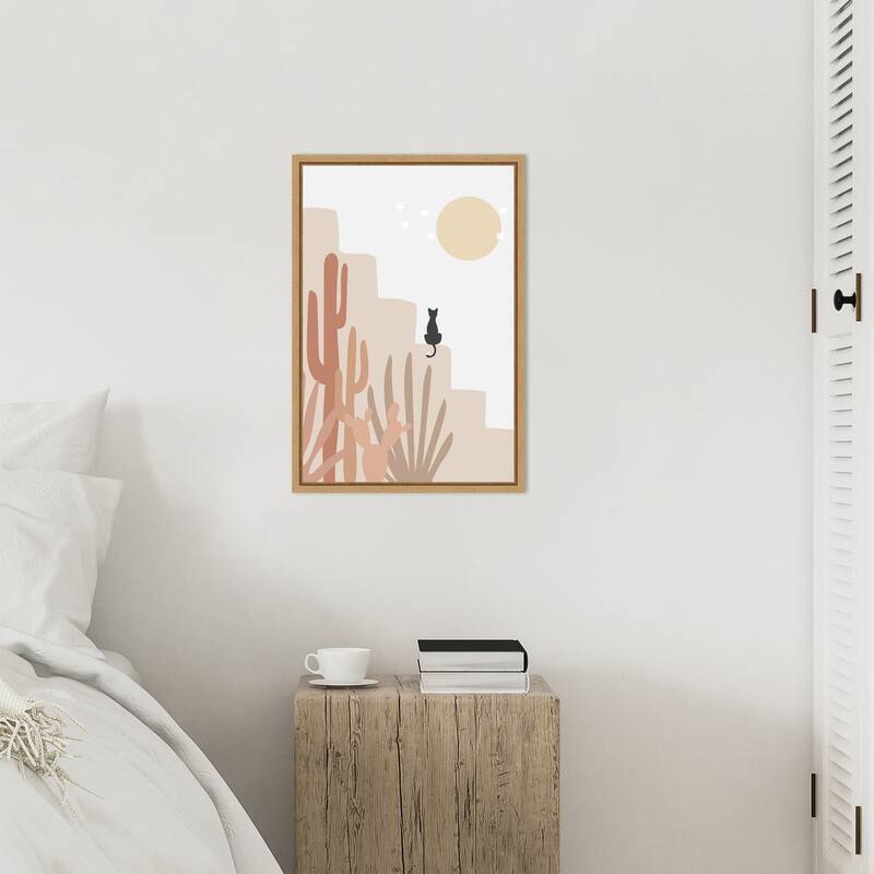 Cat with Cactus by Melloi Art Prints Framed Canvas Wall Art Print - Sylvie Natural
