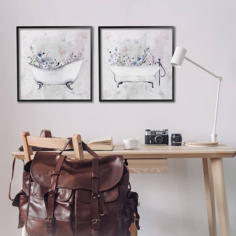 Stupell Antique Tubs with Botanics Framed Giclee Art Design By Stella Chang (Set of 2)
