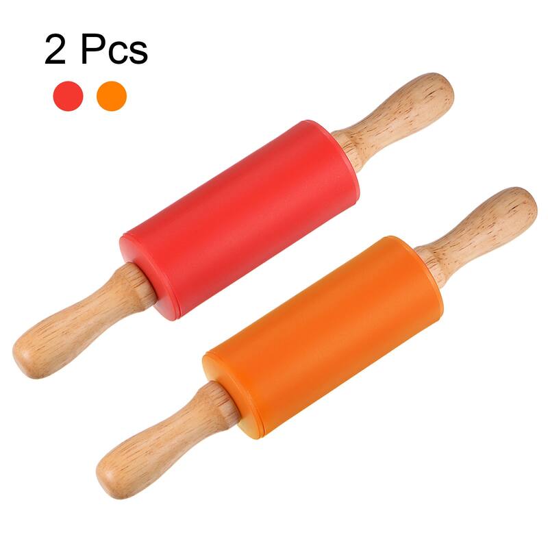 Silicone Rolling Pins for Baking Wood Handle 23.5cm x 4.2cm Red & Orange - Red & Orange