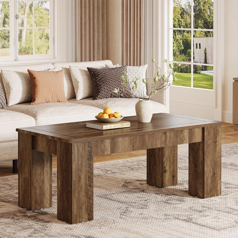 47-Inch Rectangle Engineered Wood Coffee Table with Sturdy Legs, Farmhouse Center Cocktail Table for Living Room - Brown