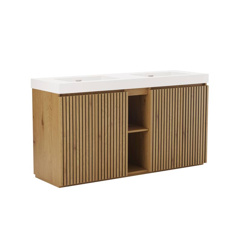 GDFStudio - Galan 60" Freestanding Bathroom Vanity with Quartz Sink, Solf Close Doors, Open Storage Shelf, NO Drain & Faucet