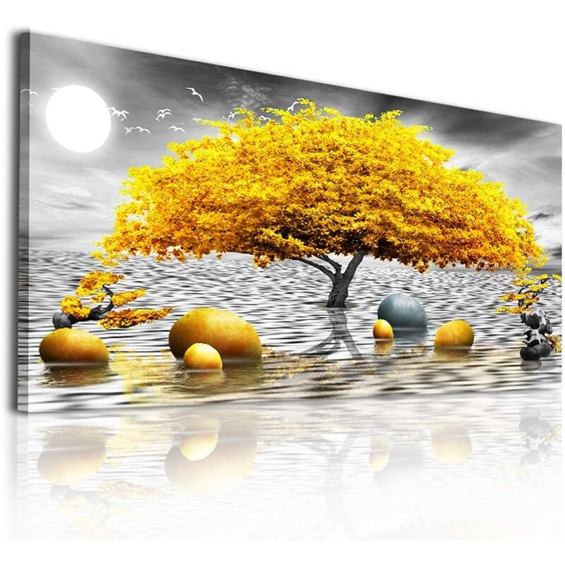 Abstract wall decor Black and white Canvas Art Yellow tree paintings - 20 x 40