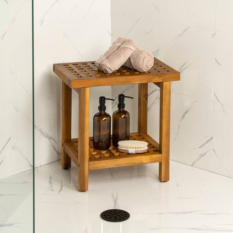 Armin 18.1" Classic Grid Slat Solid Acacia Wood Indoor/Outdoor Shower Stool, By JONATHAN Y - 18.1L x 11.81W x 17.72H