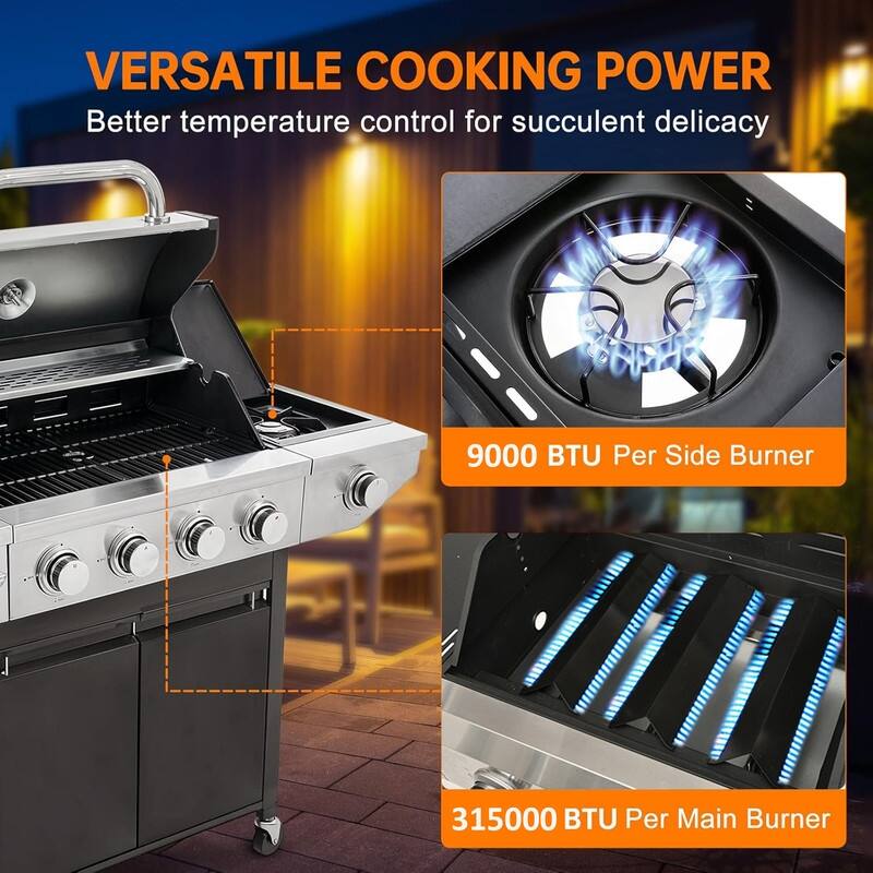 3-Burner Stainless Steel Propane Grill – Side Burner, Rain Cover, 40.5K BTU for Backyard/Camping/Outdoor – Black/Silver