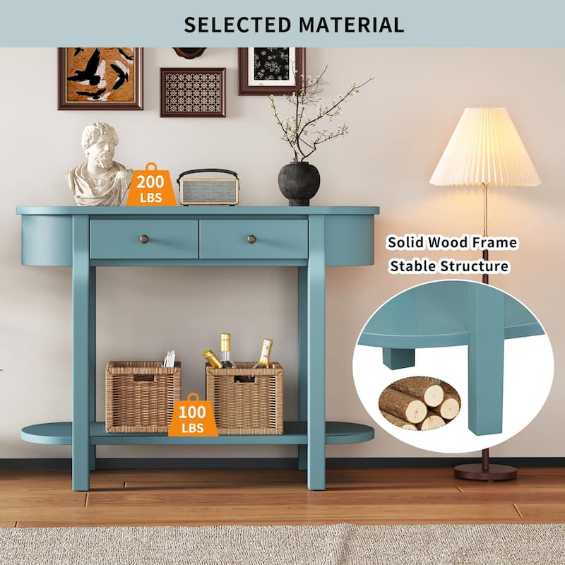 40" Solid Wood Console Table with Real Wood Veneer, 2 Drawers and Lower Shelf, MDF and Pine Frame