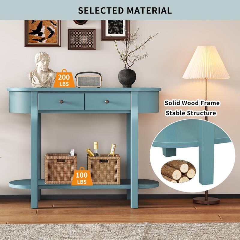 Curved Console Table with 2 Storage Drawers and Metal Handles, Wooden Hallway Tables Entryway Table wOpen Storage Shelf