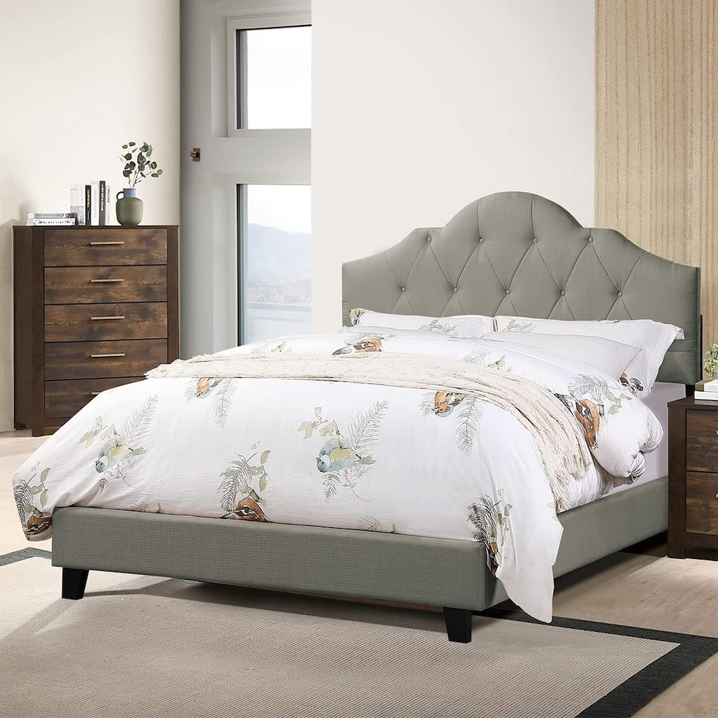 Full Size Adjustable Upholstered Bed Frame with Tufted Arch Headboard, Grey Polyfiber, No Box Spring Required