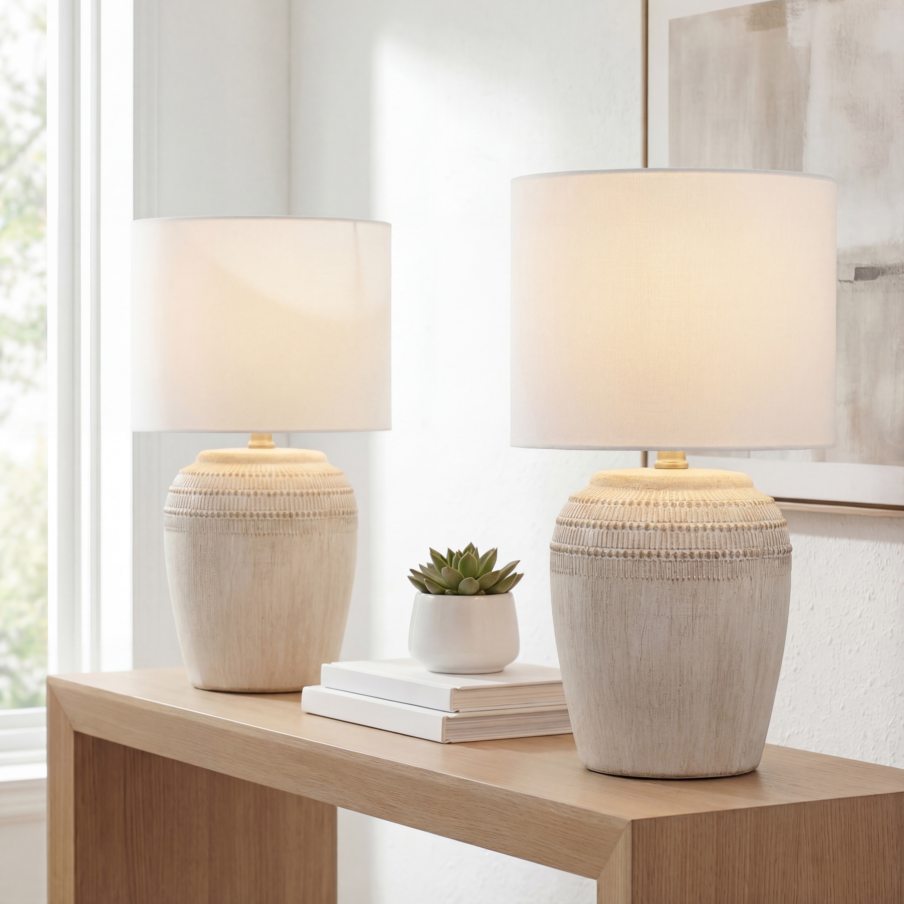 JONATHAN Y Hugo 16.75" Traditional Rustic Reeded Ceramic Vase LED Table Lamp (Set of 2)
