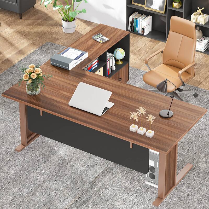 63" Large Executive Desk L Shaped Computer Desk with File Storage Cabinet - Brown+Black