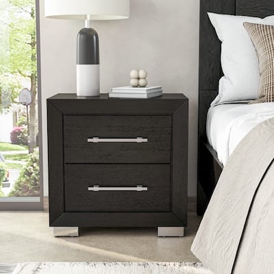 Furniture of America Alaric Modern Black Solid Wood Nightstand with 2 Drawers and USB Ports