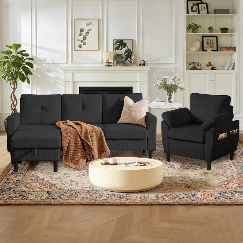 3 Pieces Corduroy Living Room Set with Sofa ,Storage Ottoman and Chair - Black
