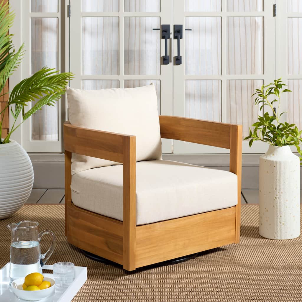SAFAVIEH Outdoor Patio Furniture Kento Solid Wood Swivel Chair, Fully Assembled - 27"W x 30"D x 24"H